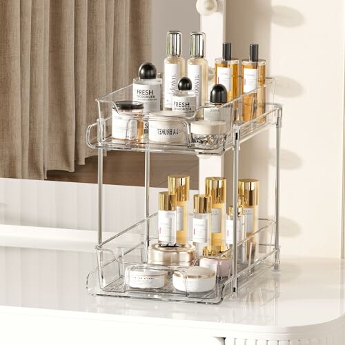 Two-tier bathroom organizer with skincare products.