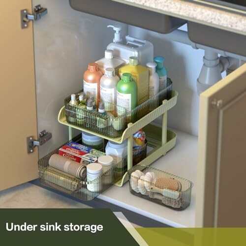 Organized under-sink storage with toiletries and cleaning supplies.