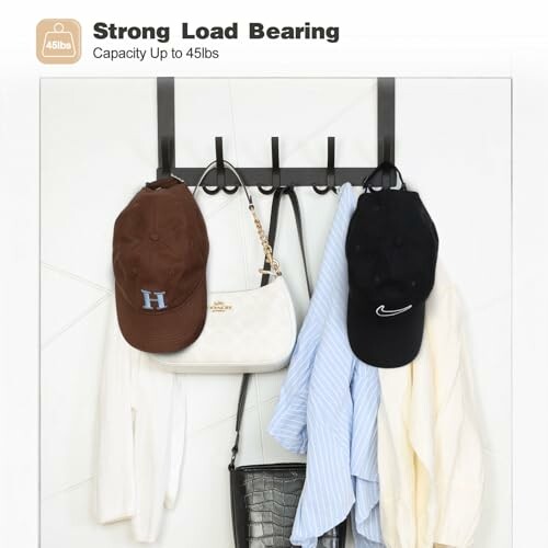 Wall hooks holding hats, shirts, and bags with strong load bearing up to 45lbs.