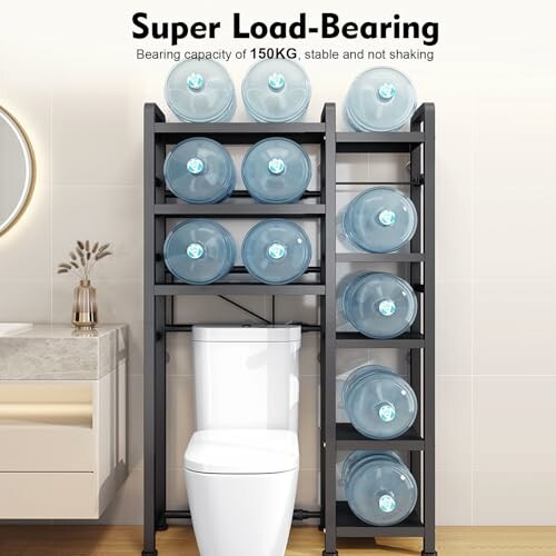 Storage shelf with water bottles over a toilet.