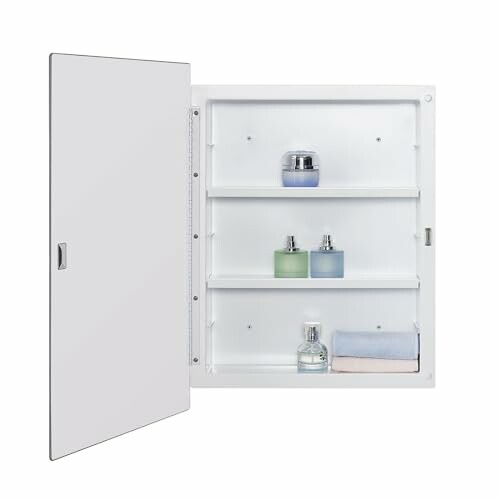 White bathroom medicine cabinet with open door showing shelves with toiletries.