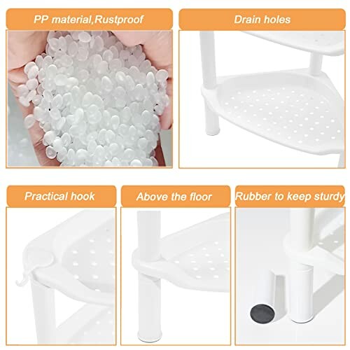 White shelf features: PP material, rustproof, drain holes, practical hook, above the floor, rubber for stability.