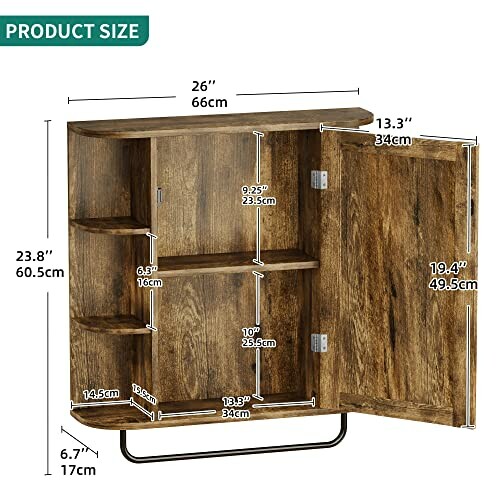 Wooden wall-mounted cabinet with shelves and storage dimensions.